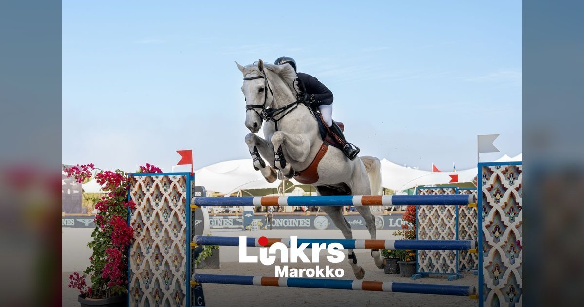 Amazone tijdens een springwedstrijd op een paardensportevenement in Marokko