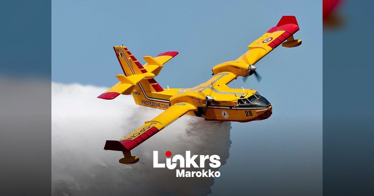 Canadair-blusvliegtuig dropt water boven een bosbrand