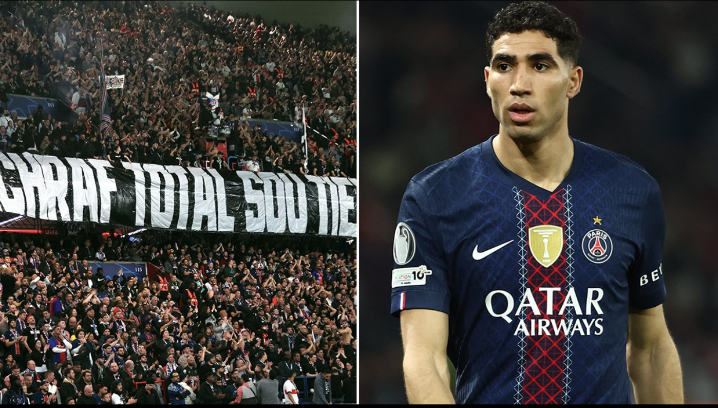 PSG-supporters betuigen steun aan Achraf Hakimi tijdens Champions League-duel